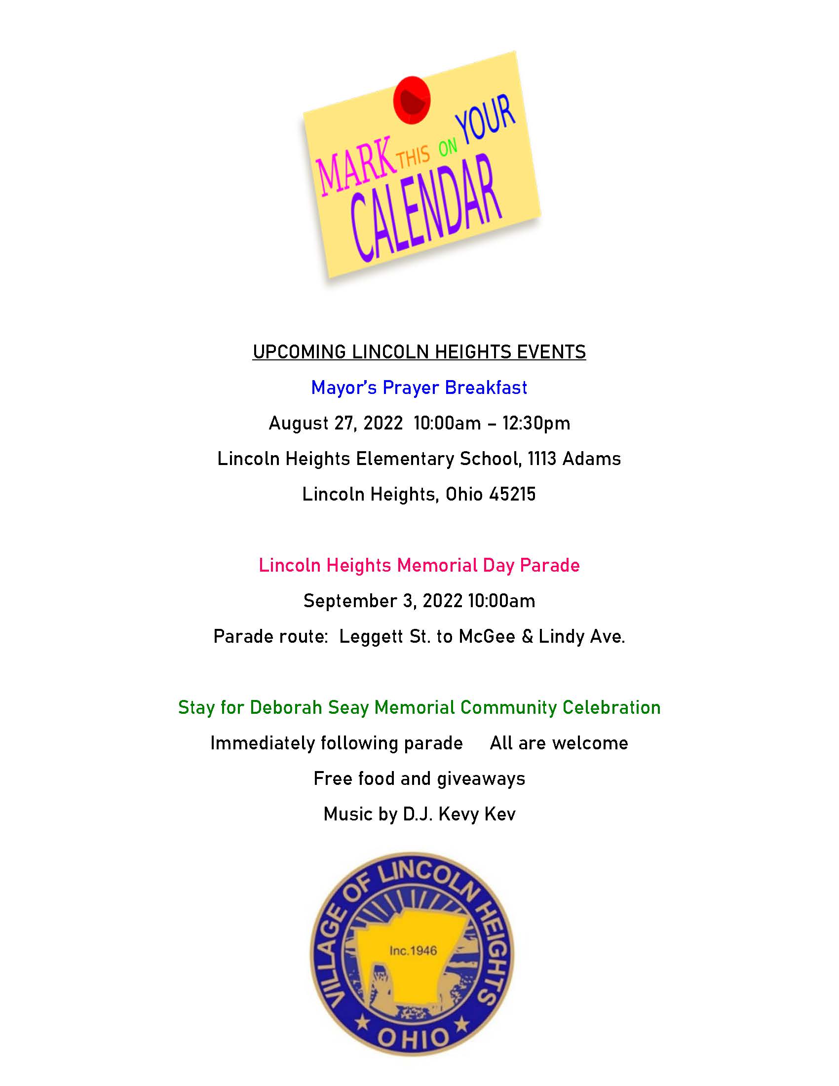 UPCOMING LINCOLN HEIGHTS EVENTS for August and September 2022